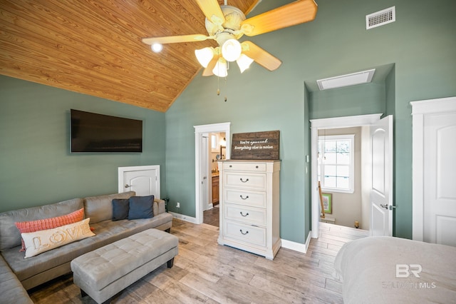 living room featuring high vaulted ceiling, light hardwood / wood-style floors, ceiling fan, and wooden ceiling