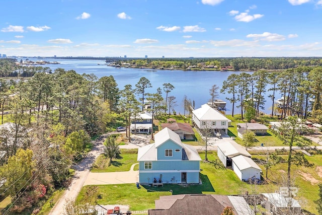 aerial view featuring a water view