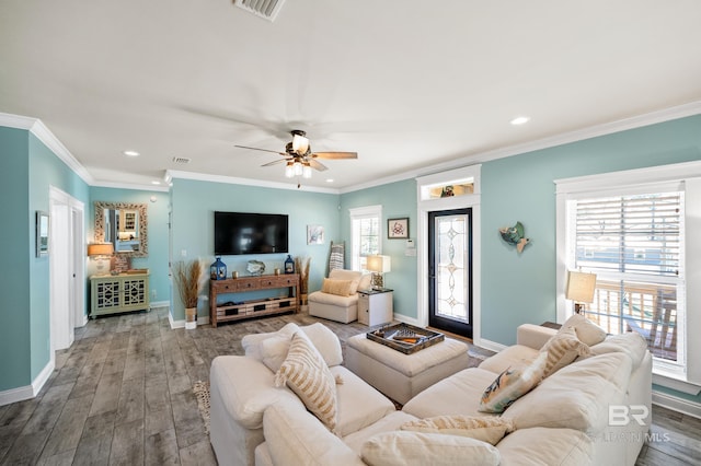 living room with hardwood / wood-style flooring, ceiling fan, and crown molding