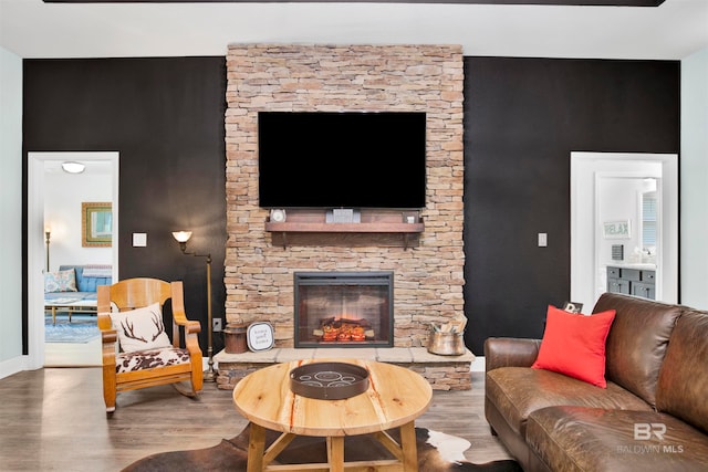 living room featuring a stone fireplace and hardwood / wood-style flooring