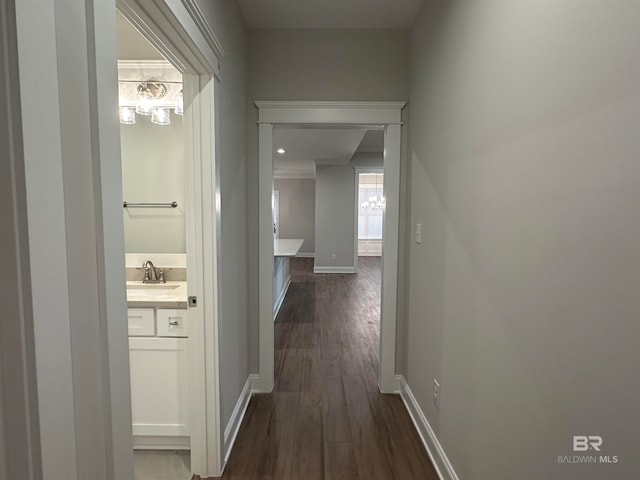 hallway with dark wood-type flooring and sink