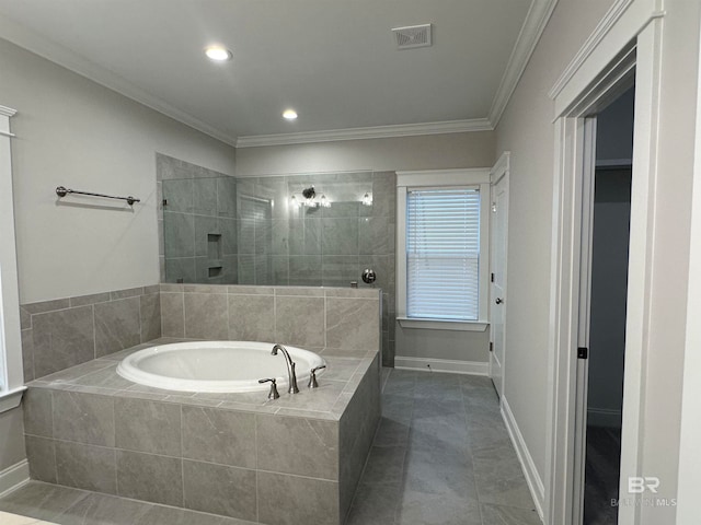 bathroom featuring shower with separate bathtub, tile patterned flooring, and crown molding