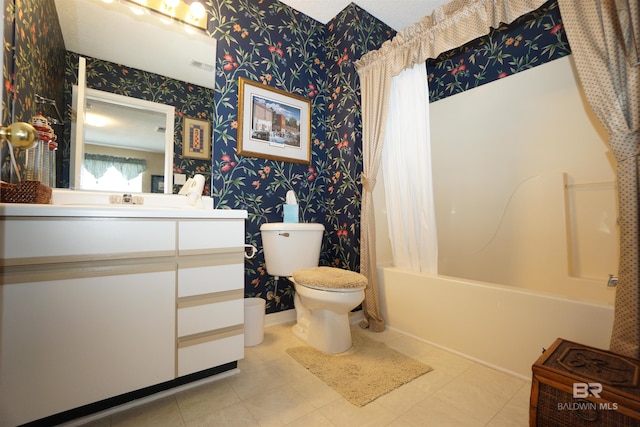 full bathroom with vanity, toilet, and shower / bath combo with shower curtain