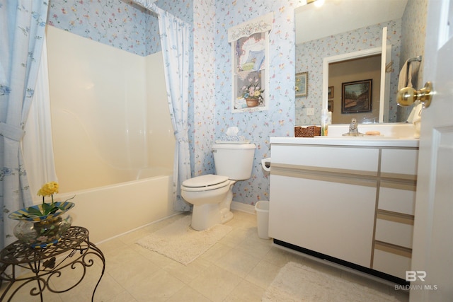 full bathroom featuring shower / tub combo, vanity, tile patterned floors, and toilet