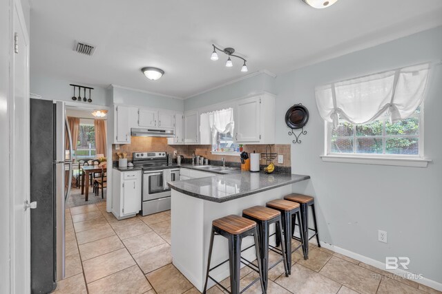 224 Cache Cir, Chickasaw, AL 36611 - kitchen with appliances with stainless steel finishes, under cabinet range hood, a peninsula, white cabinets, and decorative backsplash