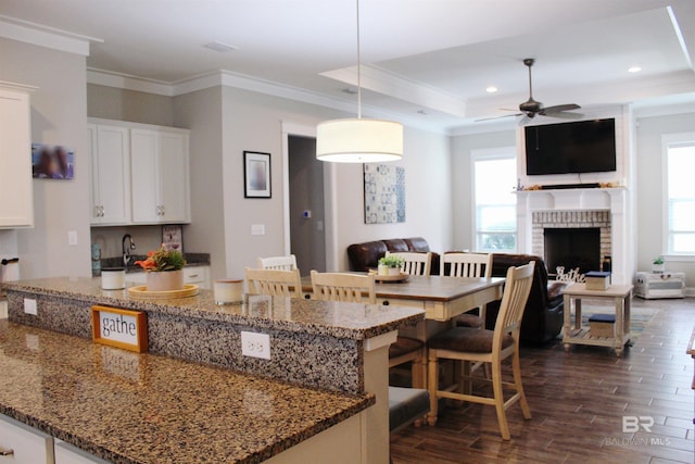 4844 E Cypress Loop, Orange Beach, AL 36561 - kitchen featuring a ceiling fan, white cabinetry, dark wood-type flooring, crown molding, and a fireplace