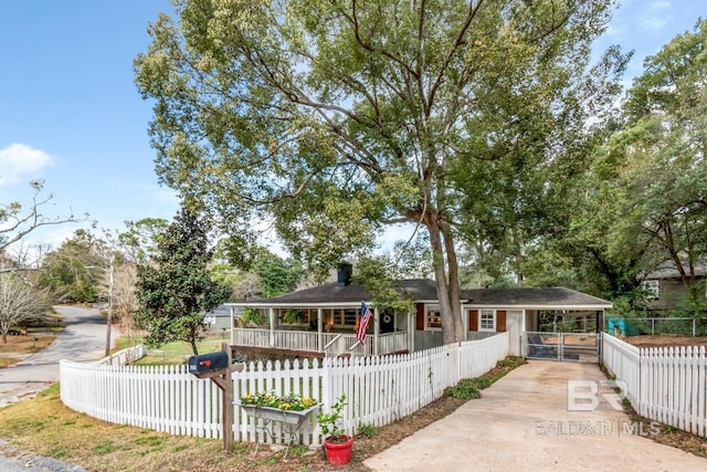 view of front of property featuring concrete driveway, a fenced front yard, and a gate