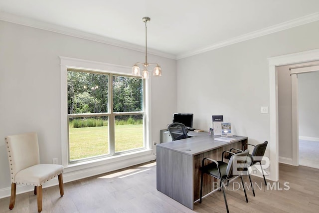 office area featuring a chandelier, light hardwood / wood-style floors, plenty of natural light, and ornamental molding