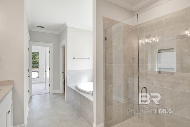 bathroom with shower with separate bathtub, vanity, tile patterned floors, and crown molding