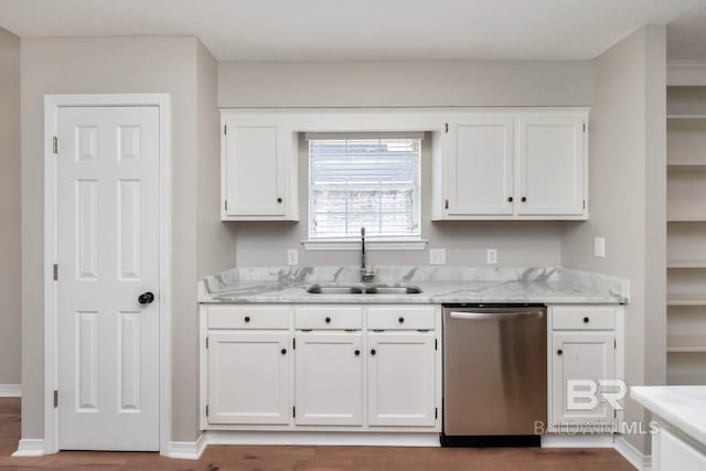 kitchen with white cabinetry, baseboards, a sink, dishwasher, and wood finished floors