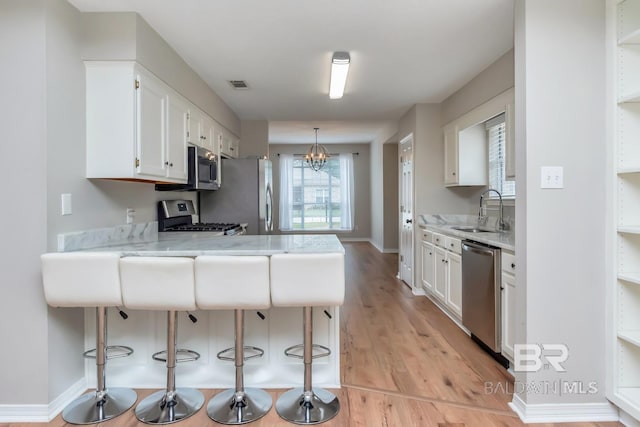 kitchen featuring white cabinets, visible vents, a peninsula, appliances with stainless steel finishes, and a sink