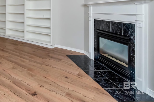 room details with baseboards, a fireplace, and wood finished floors
