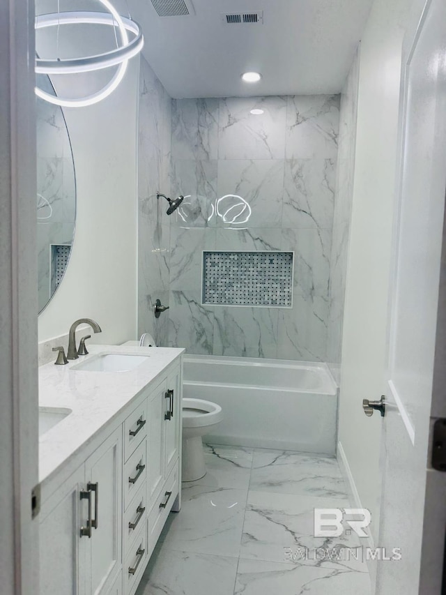 2663 Demetropolis Rd, Mobile, AL 36693 - bathroom featuring double vanity,  shower combination, marble finish floors, and recessed lighting