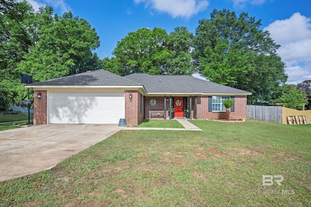 ranch-style house with an attached garage, concrete driveway, brick siding, and a shingled roof