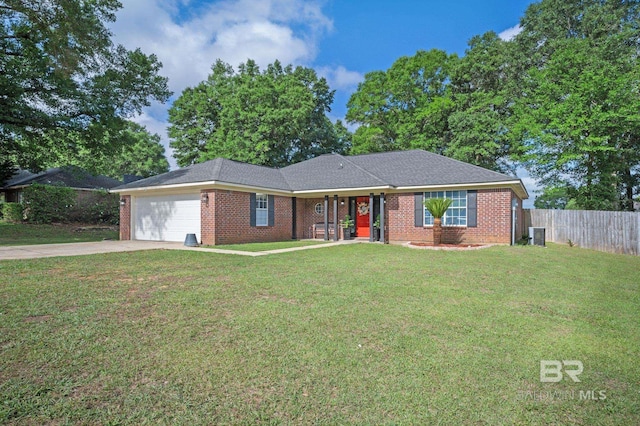 ranch-style house with concrete driveway, brick siding, and a garage