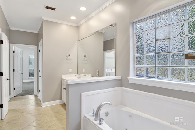 bathroom with a bath, crown molding, vanity, and a healthy amount of sunlight