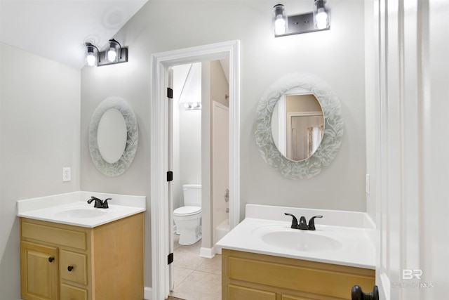 full bathroom with tile patterned floors, lofted ceiling, toilet, shower / tub combination, and vanity