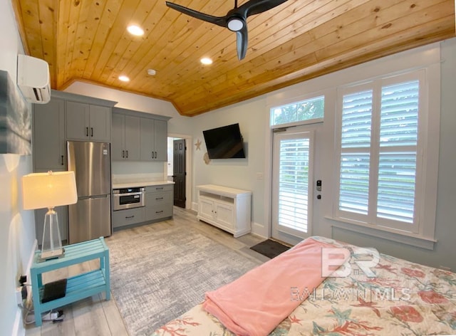 bedroom with access to exterior, wooden ceiling, freestanding refrigerator, lofted ceiling, and a wall mounted air conditioner