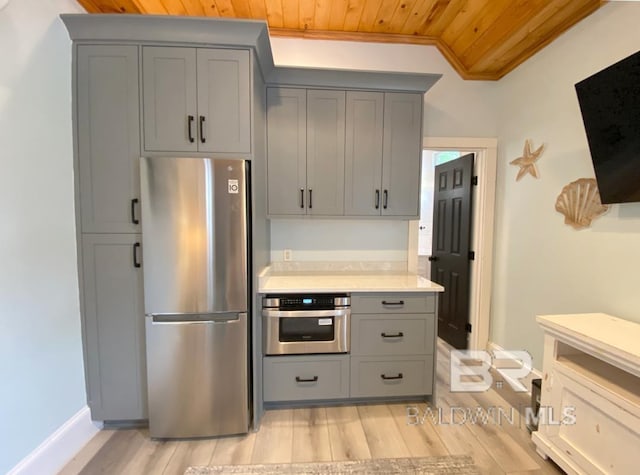 kitchen featuring light countertops, gray cabinets, wood ceiling, and appliances with stainless steel finishes