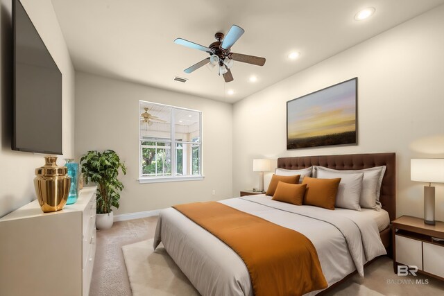 36 Lagoon Dr, Gulf Shores, AL 36542 - bedroom with ceiling fan, visible vents, recessed lighting, light carpet, and baseboards