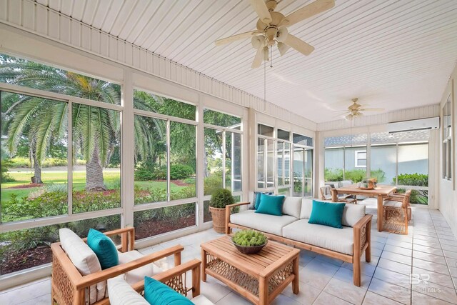 36 Lagoon Dr, Gulf Shores, AL 36542 - sunroom featuring an outdoor living space, a ceiling fan, outdoor dining space, and a wall unit AC