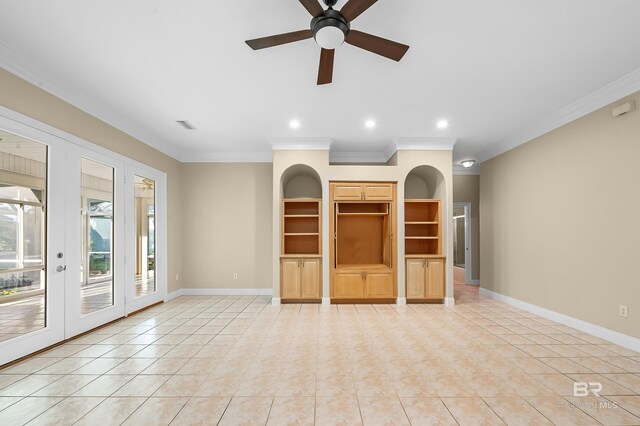 36 Lagoon Dr, Gulf Shores, AL 36542 - unfurnished living room featuring ornamental molding, baseboards, a ceiling fan, and light tile patterned floors