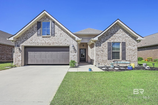 view of front of home with a garage and a front lawn