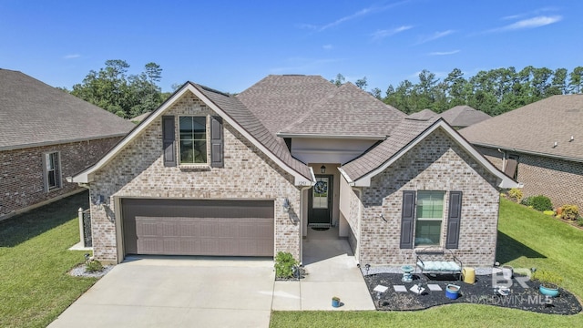 view of front facade with a front lawn and a garage