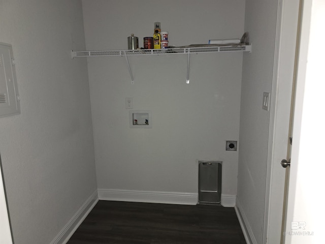 23035 Ridgewood Dr, Robertsdale, AL 36567 - washroom featuring dark wood-type flooring, hookup for a washing machine, hookup for an electric dryer, and electric panel