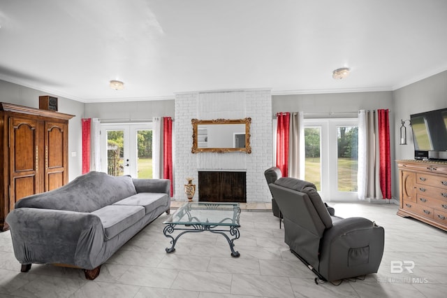living area featuring french doors, ornamental molding, marble finish floor, and a brick fireplace