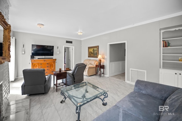 living area featuring crown molding, a decorative wall, marble finish floor, and visible vents