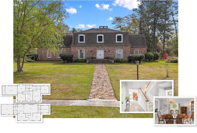 view of front facade with brick siding, mansard roof, a shingled roof, and a front yard
