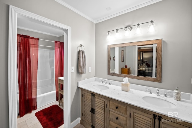 bathroom featuring a sink, ornamental molding, shower / bath combo, and double vanity