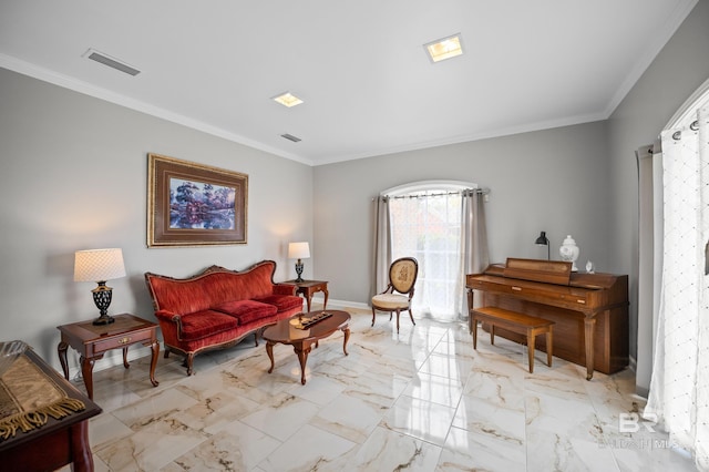 sitting room with baseboards, visible vents, ornamental molding, and marble finish floor