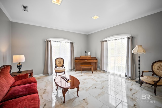 living room with visible vents, ornamental molding, and marble finish floor