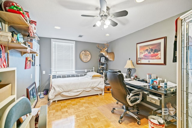 bedroom featuring recessed lighting, visible vents, and ceiling fan
