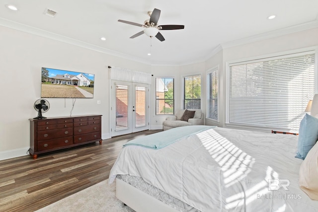 bedroom with dark wood-type flooring, french doors, ceiling fan, access to exterior, and ornamental molding