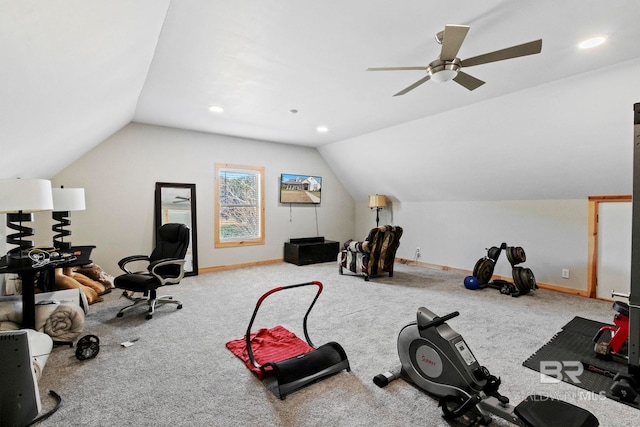 exercise room featuring carpet flooring, ceiling fan, and vaulted ceiling