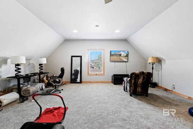 exercise area featuring carpet and lofted ceiling