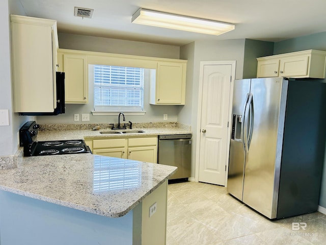 kitchen featuring light stone counters, sink, stainless steel appliances, and kitchen peninsula