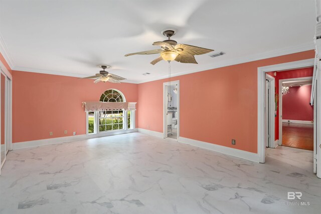 unfurnished living room featuring ceiling fan and crown molding