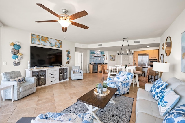 28107 Perdido Beach Blvd Unit D 503, Orange Beach, AL 36561 - living area with light tile patterned floors, visible vents, and ceiling fan