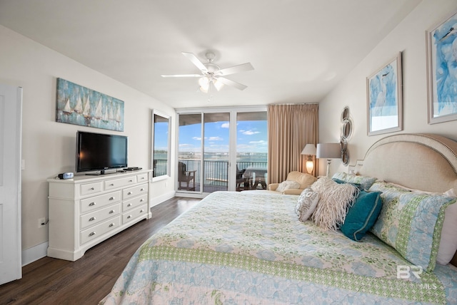 28107 Perdido Beach Blvd Unit D 503, Orange Beach, AL 36561 - bedroom with dark wood-style floors, a ceiling fan, baseboards, and access to outside