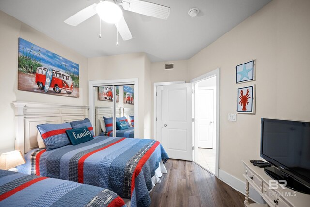28107 Perdido Beach Blvd Unit D 503, Orange Beach, AL 36561 - bedroom with visible vents, baseboards, ceiling fan, wood finished floors, and a closet