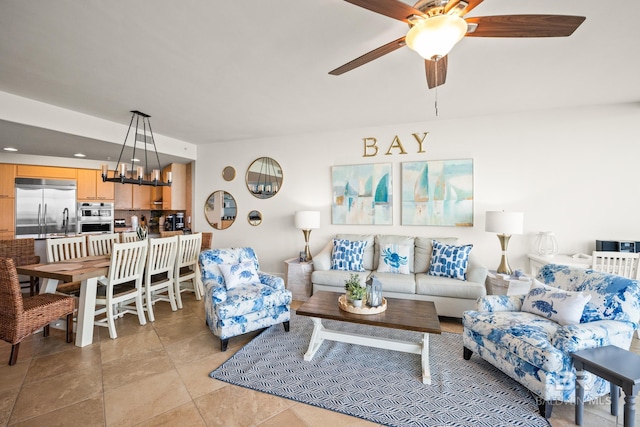 28107 Perdido Beach Blvd Unit D 503, Orange Beach, AL 36561 - living area featuring light tile patterned flooring, recessed lighting, and ceiling fan