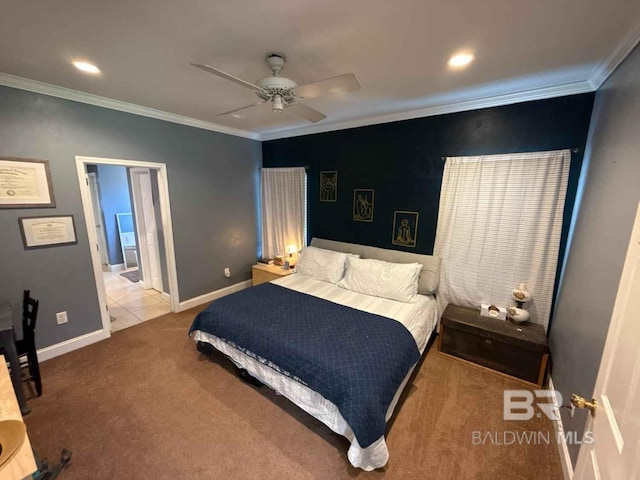 carpeted bedroom with ornamental molding, baseboards, ceiling fan, recessed lighting, and connected bathroom