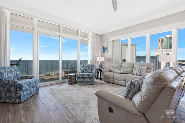 living room with crown molding