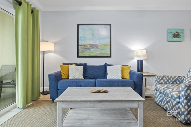 living area with ornamental molding
