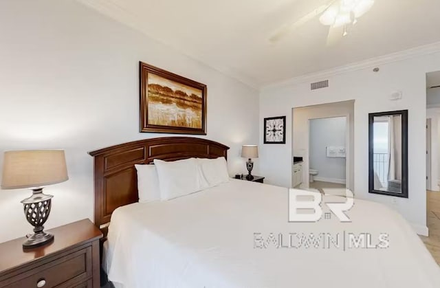 401 E Beach Blvd Unit 1804, Gulf Shores, AL 36542 - bedroom featuring ornamental molding, connected bathroom, and ceiling fan