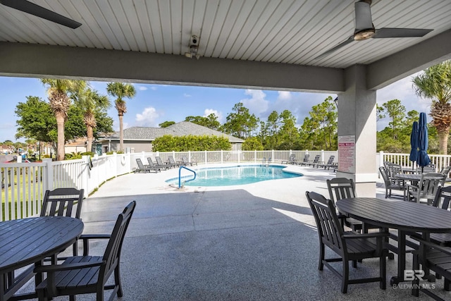 view of pool featuring a patio and ceiling fan